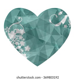 Heart in love polygonal low poly with abstract flower on isolated and retro style.
