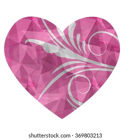 Heart in love polygonal low poly with abstract flower on isolated and retro style.