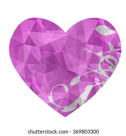 Heart in love polygonal low poly with abstract flower on isolated and retro style.