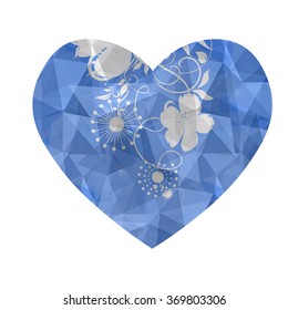 Heart in love polygonal low poly with abstract flower on isolated and retro style.