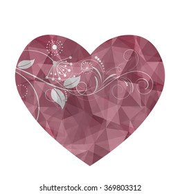 Heart in love polygonal low poly with abstract flower on isolated and retro style.