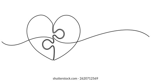 Heart love puzzle one line drawing, Heart icon line continuous drawing vector. Heart puzzle icon pro vector background. minimal style concept. Continuous outline of a Particles of the heart icon.