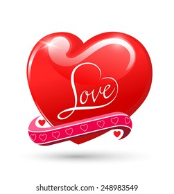 Heart Love red glossy symbol. Beautiful glossy Valentines Day romantic card design element. Isolated on white. Vector illustration. background