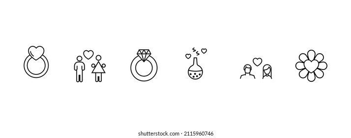 Heart, love and romance line icon collection. Suitable for advertisement, articles, sites. Icons of wedding ring, couple, flower, laboratory bulb next to heart 