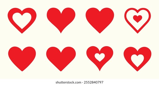 Heart, love, romance or valentine's day red heart icon. Heart or love icon set vector illustration. Artistic red heart love symbol.