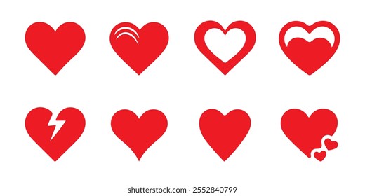 Corazón, amor, romance o icono de corazón rojo del día de San Valentín. Ilustración vectorial de conjunto de iconos de corazón o amor. Símbolo artístico del amor del corazón rojo.