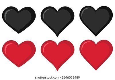 Coração, amor, romance ou dia dos namorados coração preto e vermelho. Ícones de vetor cardíaco. Artísticos preto e coração vermelho amor símbolos isolado editável