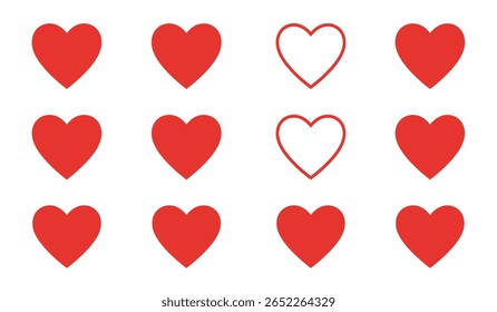 Coração, amor, romance ou dia dos namorados coração vermelho. Ícones de vetor cardíaco. Coração vermelho artístico amor símbolos isolados vetor editável.