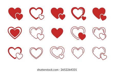 Coração, amor, romance ou dia dos namorados coração vermelho. Ícones de vetor cardíaco. Coração vermelho artístico amor símbolos isolados vetor editável.