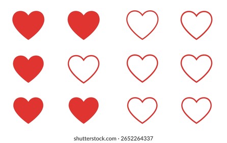 Coração, amor, romance ou dia dos namorados coração vermelho. Ícones de vetor cardíaco. Coração vermelho artístico amor símbolos isolados vetor editável.