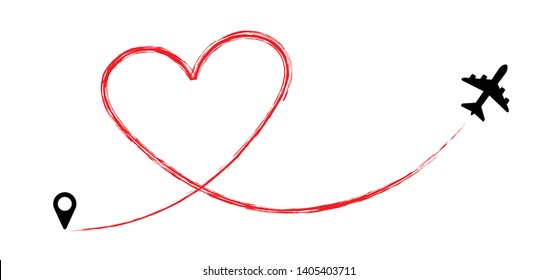 Heart, Love Romantic Travel. Symbol Of  Airplane, Air Plane, Aircraft, Aeroplane, Flying, Fly Jet Airline. Line Path. Vector Location Pointer Route. Travel. 