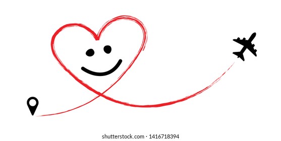 Heart, love romantic travel. Symbol of  airplane, air plane, aircraft, aeroplane, flying, fly jet airline. Line path. Vector location pointer route. Travel. 