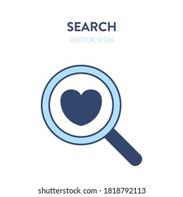 Icono de búsqueda de amor al corazón. Ilustración vectorial de una herramienta de ampliación con forma cardíaca. Representa el concepto de buscar amor, romance, encontrar alma gemela