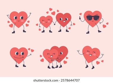 Heart Love Shape Character Valentine Themed Collection Set. Adorable Love Character Various Poses For Valentine Day