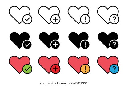 Heart love shape icon set with check mark, plus sign, exclamation point, and question mark symbol. favorite list status, health notification, medical alert, relationship feedback icon.