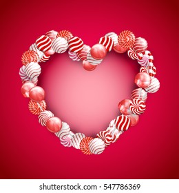 Heart love shape from lollipops candy for Valentine day card poster. Red pink vector background