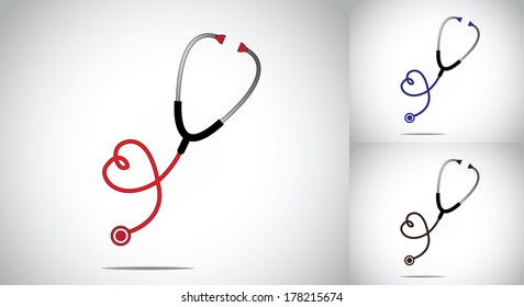 heart or love shaped stethoscope health or doctor concept design vector illustration colorful art collection set - red, blue and brown with bright white background