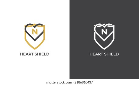 Heart Love Shield Logo Concept sign icon symbol Design Line Art Style with Letter N. Safety, Security, Defense, Medical and Health Care Logotype. Vector illustration template