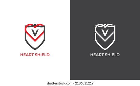 Heart Love Shield Logo Concept sign icon symbol Design Line Art Style with Letter V. Safety, Security, Defense, Medical and Health Care Logotype. Vector illustration template