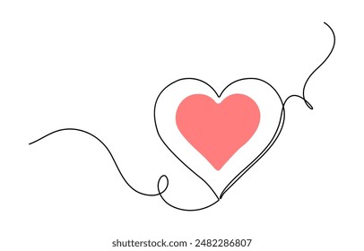 Heart and love sign in continuous one line drawing. Thin flourish and romantic symbol in simple linear style, One continuous drawing of two hearts and love signs. Thin curls and romantic symbols 