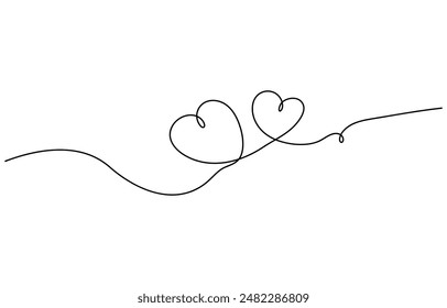 Heart and love sign in continuous one line drawing. Thin flourish and romantic symbol in simple linear style, One continuous drawing of two hearts and love signs. Thin curls and romantic symbols 