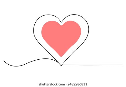 Heart and love sign in continuous one line drawing. Thin flourish and romantic symbol in simple linear style, One continuous drawing of two hearts and love signs. Thin curls and romantic symbols 