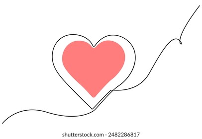 Heart and love sign in continuous one line drawing. Thin flourish and romantic symbol in simple linear style, One continuous drawing of two hearts and love signs. Thin curls and romantic symbols 