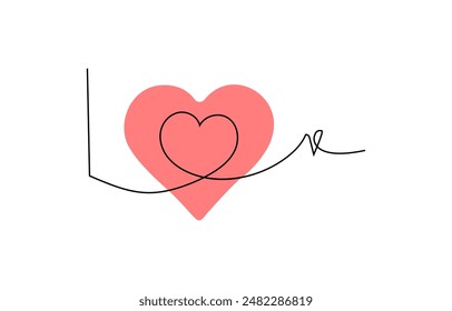 Heart and love sign in continuous one line drawing. Thin flourish and romantic symbol in simple linear style, One continuous drawing of two hearts and love signs. Thin curls and romantic symbols 