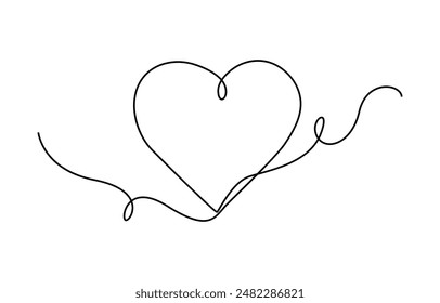 Heart and love sign in continuous one line drawing. Thin flourish and romantic symbol in simple linear style, One continuous drawing of two hearts and love signs. Thin curls and romantic symbols 