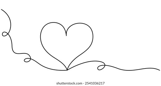 Heart and love sign in continuous one line drawing. Thin flourish and romantic symbol in simple linear style. Editable stroke. Minimalistic Doodle vector illustration, Heart shape outline, Continuous
