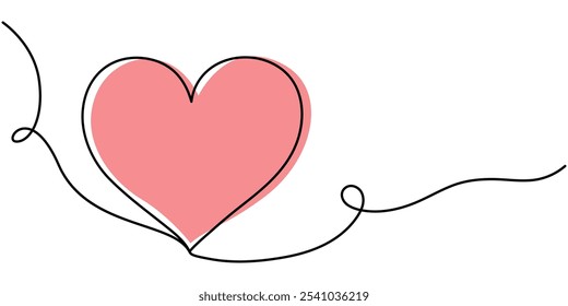 Heart and love sign in continuous one line drawing. Thin flourish and romantic symbol in simple linear style. Editable stroke. Minimalistic Doodle vector illustration, Heart shape outline, Continuous