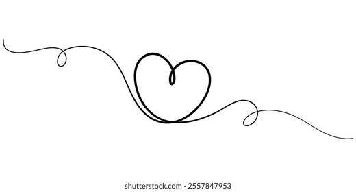 Heart and love sign in continuous one line drawing. Thin flourish and romantic symbol in simple linear style. Editable stroke. Minimalistic Doodle vector illustration, Hand drawn doodle heart stroke.