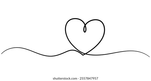 Heart and love sign in continuous one line drawing. Thin flourish and romantic symbol in simple linear style. Editable stroke. Minimalistic Doodle vector illustration, Hand drawn doodle heart stroke.