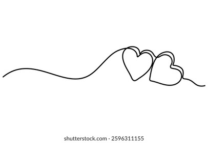 Heart and love sign in continuous one line drawing. Thin flourish and romantic symbol. Editable stroke. Minimalistic Doodle vector illustration white  background.