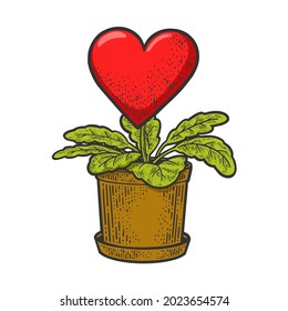 Heart love sign grown as a houseplant color sketch engraving vector illustration. Valentine day card. T-shirt apparel print design. Scratch board imitation. Black and white hand drawn image.