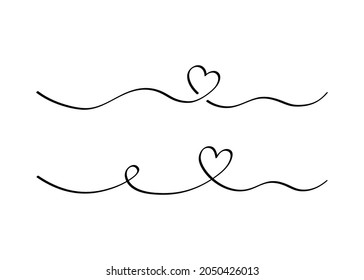 Corazón y amor divisor de torbellino. Estilo de doodle dibujado a mano. Ilustración vectorial de hilo cardíaco de garabatos de línea. El concepto de amor y boda.