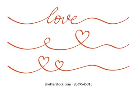 Heart and love swirl divider. Hand drawn sketch doodle style. Line scribble heart thread vector illustration. Love and wedding concept.