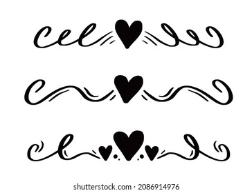Heart and love swirl divider. Hand drawn sketch doodle style. Line scribble heart thread vector illustration. Love and wedding concept.