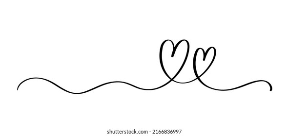 Heart and love swirl divider. Hand drawn sketch doodle style. Continious Line scribble heart thread vector illustration. Love and wedding concept