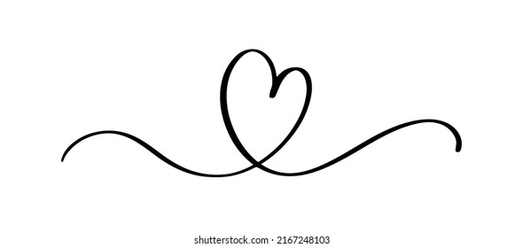 Heart and love swirl divider. Hand drawn sketch doodle style. Continious Line scribble heart thread vector illustration. Love and wedding concept