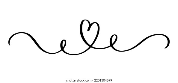 Heart and love swirl divider. Hand drawn sketch doodle style. Continious Line scribble heart thread vector illustration. Love and wedding concept