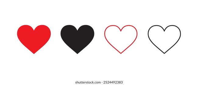 Heart Love Symbol icon. Heart, love, romance, valentine's day red heart. Red and black love icon Vector art. Solid and Outline Vector Hearts. Artistic red heart love symbols isolated editable vector