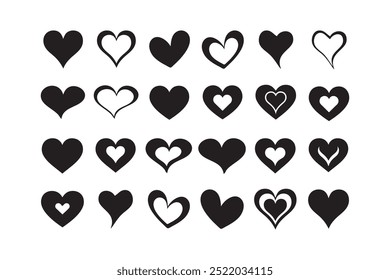 Heart Love Symbol icons Set. Black love icon Vector Design illustration Solid and Outline Vector Hearts. Love heart silhouette vector arts illustration set. Collection of Love Heart Symbol Icons Set.