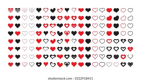 Heart Love Symbol icons set. Heart,love,romance valentine's day red heart.Red and black love icon Vector art. Solid and Outline Vector Hearts.Artistic red heart love symbols isolated editable vector