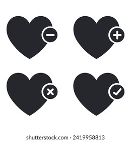 Heart love symbol set with web elements, love plus minus tick close icons