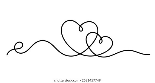 Símbolo de corazón y amor en un solo dibujo de línea continua. Un toque sutil y un símbolo romántico en un estilo lineal simple. Dibuja dos corazones en una línea continua.