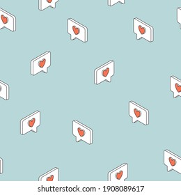 Heart love symbol in speech bubble message 3D isometric seamless pattern, Valentine's Day concept design illustration isolated on blue background