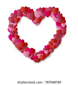 heart Love symbol for Valentine's day, red hearts flying confetti Background, border for 14 February frame or border  isolated on white, vector illustration