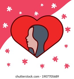 heart love symbol with woman profile in floral pattern vector illustration design