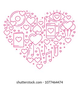 Heart with love symbols in line style. Love couple relationship dating wedding romantic amour concept theme. Unique Valentine day round print. Elements, icons